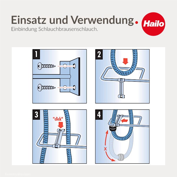 Montageanleitung für Hailo Schlauchführung in vier Schritten mit Hailo Logo. Gezeigt wird die Einbindung des Schlauchbrausenschlauchs.