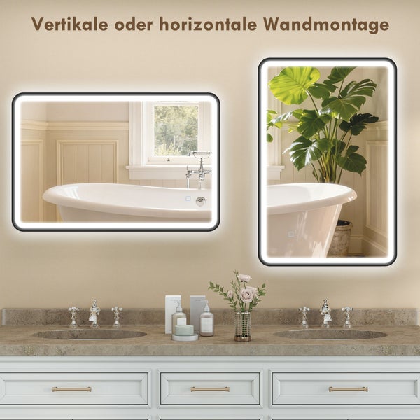 Rechteckiger Spiegel mit LED-Beleuchtung und Größenangaben für Bad und WC