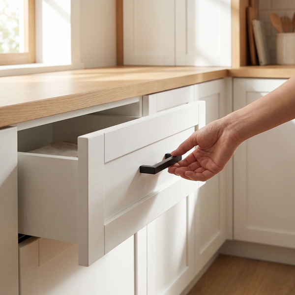Helle und organisierte Küche mit weißen Schränken, einer hellen Arbeitsplatte aus Holz und einer Hand, die eine Schublade mit schwarzem Griff öffnet.