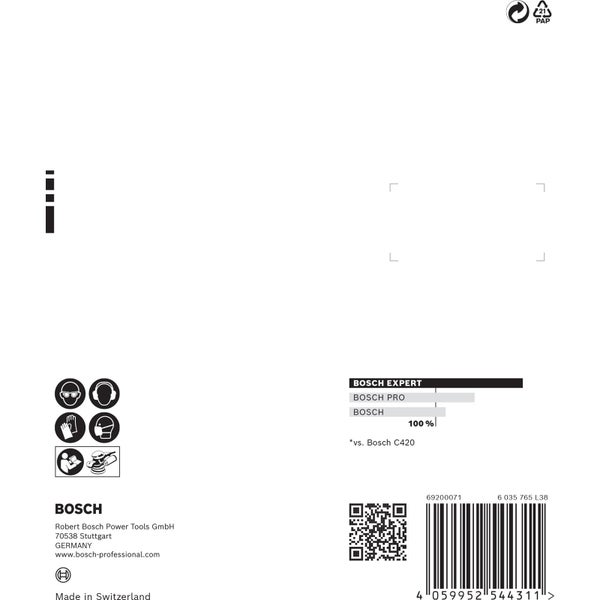 Bosch Logo mit Informationen zu Sicherheitsvorkehrungen, Papierverpackung und Produktdetails