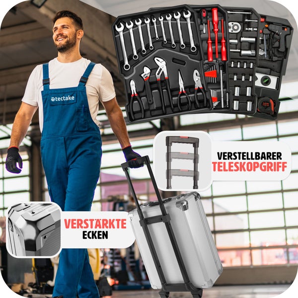 Werkzeugkoffer tectake  mit Klappgriff und Teleskopgriff, inklusive Handschuhe 599-teilig silber