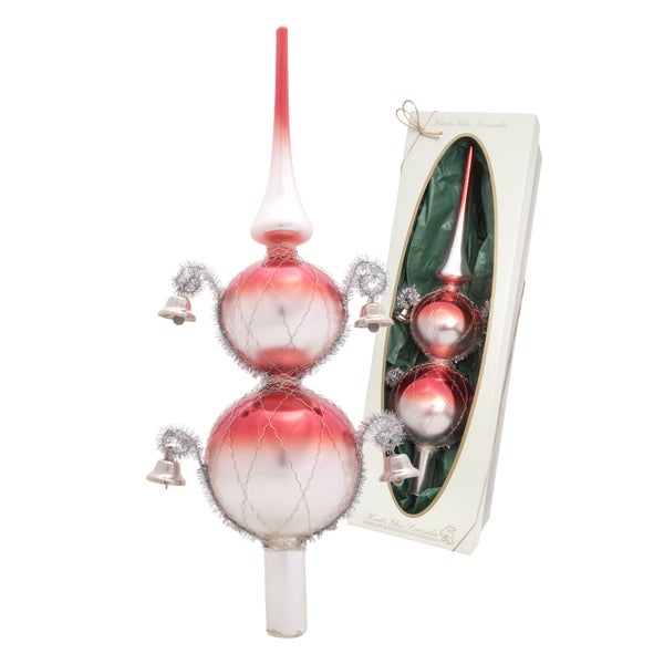 Weihnachtsbaumspitze aus Glas mit Glocken und einer Geschenkverpackung
