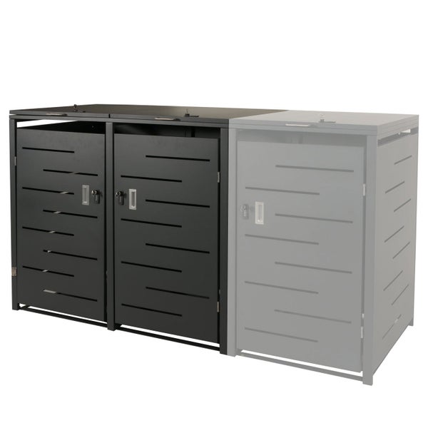 Mülltonnenbox aus Metall mit horizontalen Schlitzen und integrierten Schlössern. Modular erweiterbares System.