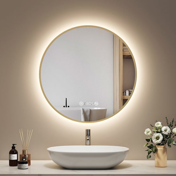 EMKE LED Badspiegel Ø60 cm, 4300K Neutrales Licht, Antibeschlag, Dimmbar, Gebürsteter Goldrahmen, Uhr, Temperaturanzeige, für Badezimmer