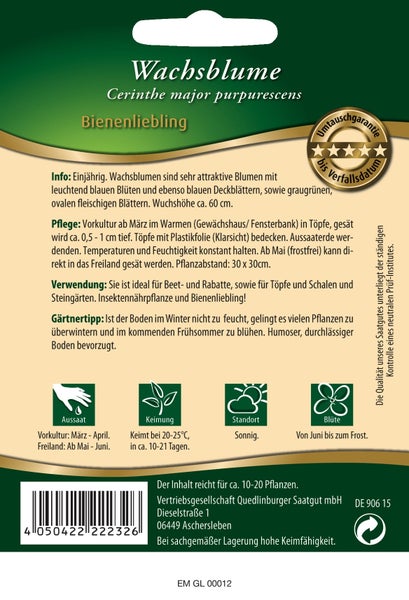 Rückseite der Samentüte für Wachsblume mit Infos zu Aussaat, Keimung bei 20 bis 25 Grad Celsius, sonnigem Standort, Blütezeit und Umtauschgarantie.