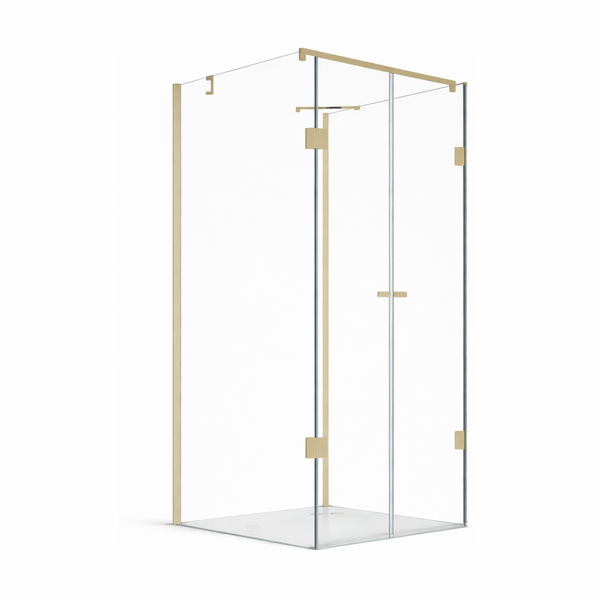 Eck-Duschkabine aus Glas mit goldfarbenen Profilen und Griffen, inklusive flacher Duschwanne.