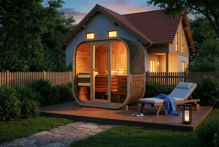 Moderne beleuchtete Fasssauna aus Holz auf einer Holzterrasse im Garten vor einem Wohnhaus bei Dämmerung mit Sonnenliege.