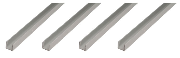 Vier U-Profile aus Aluminium für den Innenausbau und Heimwerkerbedarf.