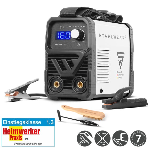 Stahlwerk ARC 160 MD Elektrodenschweißgerät mit Elektrodenhalter, Masseklemme, Bürste und Schlackehammer