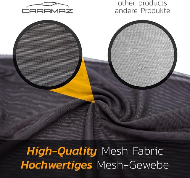 Caramaz Logo. Vergleich von dichtem Mesh-Gewebe für Auto-Sonnenschutz mit weniger dichtem Material anderer Anbieter.