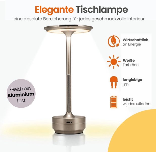 Goliving Horizon Tischlampe Wiederaufladbar - Kabellos und dimmbar - Moderne Touch-Lampe - Nachtlampe für das Schlafzimmer - Spritzwassergeschützt - 27 cm - Gold