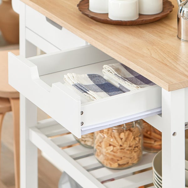 Küchenwagen mit Schublade und Regalen zur Aufbewahrung von Geschirr und Lebensmitteln.