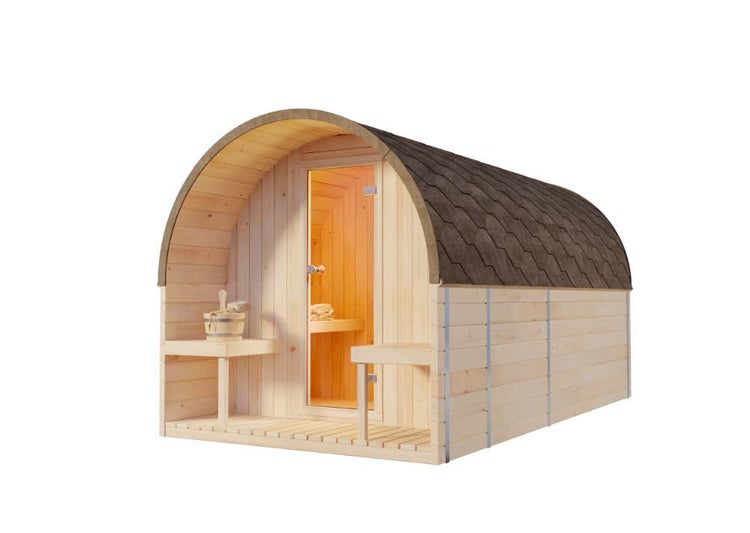 FinnTherm Fasssauna ScandiPod Deluxe Fasssauna 2 Sitzbänke aus Holz, Sauna mit 42 mm Wandstärke, Außensauna mit Montagematerial mit 2 Fenstern, Naturbelassen 2x4m