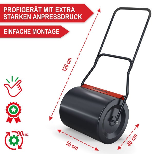 Schwarze Onbest Metall-Rasenwalze mit rotem Abstreifer, Maße 126 Zentimeter Höhe, 50 Zentimeter Breite, 40 Zentimeter Durchmesser.