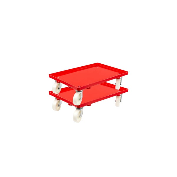 PROREGAL SparSet 2x Transportroller für Euroboxen 60 x 40 cm mit Kunststoffräder Rot Geschlossenes Deck 2 Lenkrollen und 2 Bockrollen Traglast 300 kg