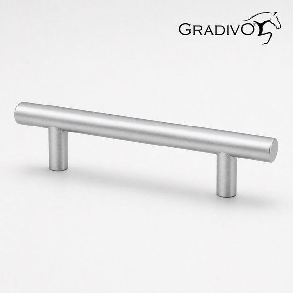 Möbelgriff aus gebürstetem Edelstahl in T-Form. Gradivo Logo.