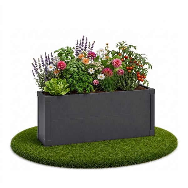 Anthrazitfarbenes Hochbeet, bepflanzt mit Kräutern, Gemüse und Blumen, auf einem runden Rasenstück.