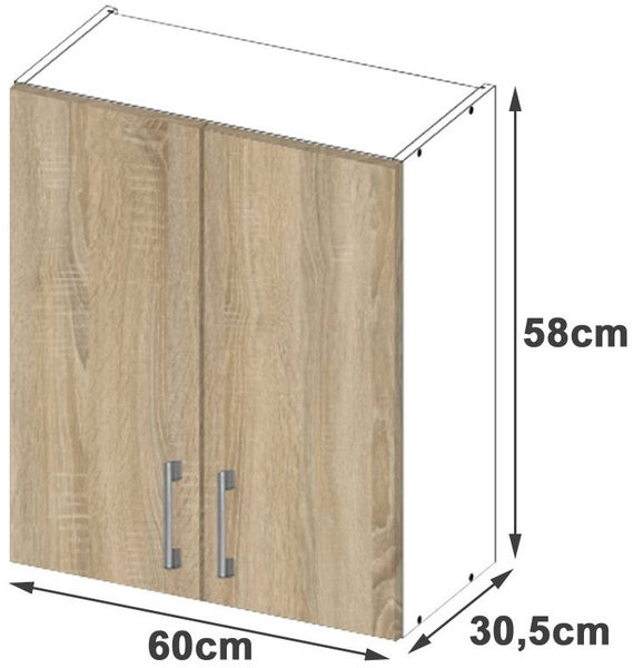 Hängeschrank mit zwei Türen und Maßangaben: 60 cm breit, 58 cm hoch und 30,5 cm tief.