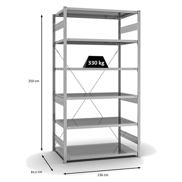 PROREGAL Fachbodenregal Stecksystem T-Profil Heavy-Duty Grundregal HxBxT 250 x 130 x 80 cm 6 Ebenen Fachlast 330 kg Einseitig Nutzbar Verzinkt