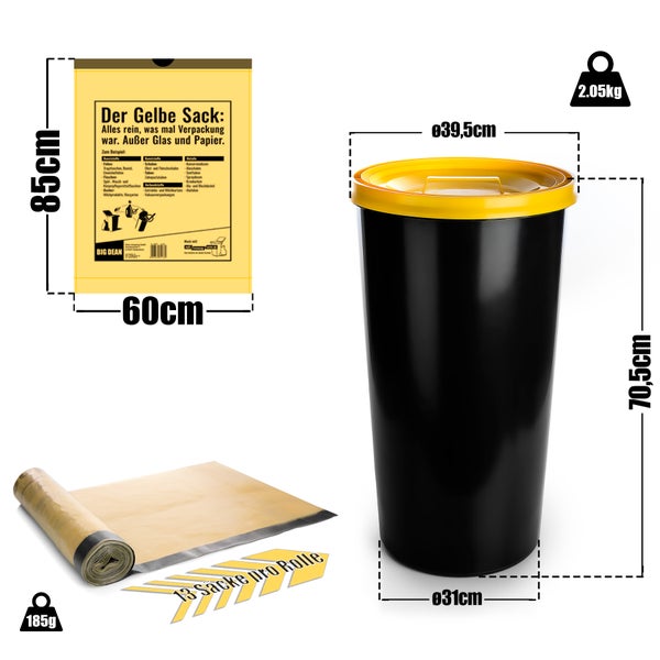 BigDean Gelber Sack Mülleimer 60L + 10 Rollen Gelber Sack – luftdichte gelbe Sack Tonne Made in Germany