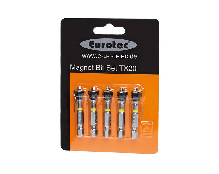 Eurotec Magnet Bit Set TX20 mit fünf magnetischen Schrauberbits in einer Blisterverpackung