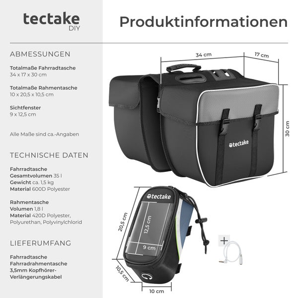 Produktinformationen zu Fahrradtasche und Rahmentasche von tectake mit Maßangaben
