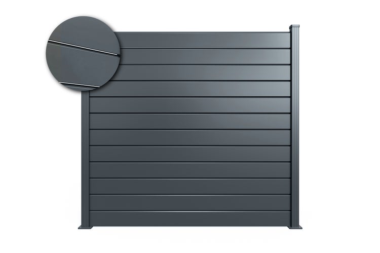 Sichtschutzzaun aus Aluminium in Anthrazit mit horizontalen Lamellen und Detailansicht der Verbindung.