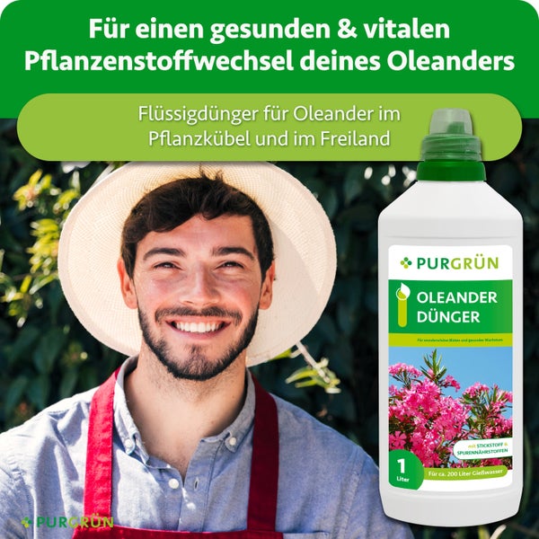 Purgrün Oleanderdünger in 1 Liter Flasche, Flüssigdünger für gesunden Wuchs und Blütenbildung bei Oleander, mit Stickstoff und Spurennährstoffen.