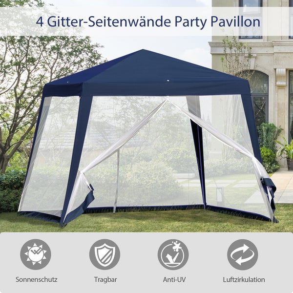 Outsunny Gartenpavillon Pavillon Festzelt Partyzelt wetterfest Zelt mit Moskitonetz Metall + Polyester Blau 3 x 3 m