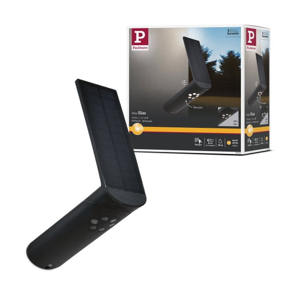 Paulmann Solar Wandleuchte Ilias mit Bewegungsmelder, 1,2 Watt, Schutzart IP44, warmweißes Licht, inklusive Akku, in der Verpackung.