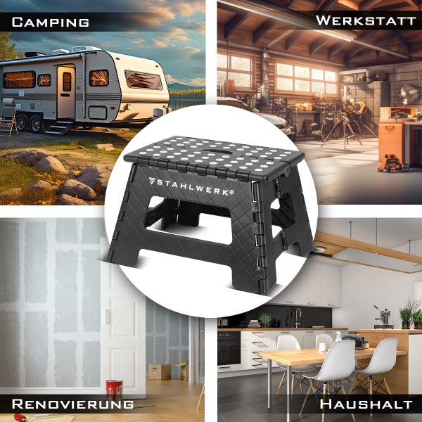 Klapptritt aus schwarzem Kunststoff für Camping, Werkstatt, Renovierung und Haushalt mit Stahlwerk Logo.