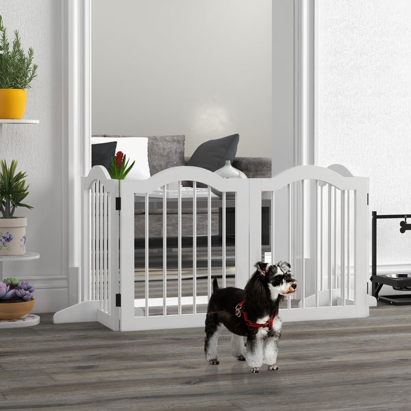 PawHut Absperrgitter Hund 4-teilig, 203,5 x 61 cm Faltbar Hundegitter mit Tür, Türschutzgitter mit 2 Stützfüßen, Freistehend Treppengitter für Küche, Flur, Weiß