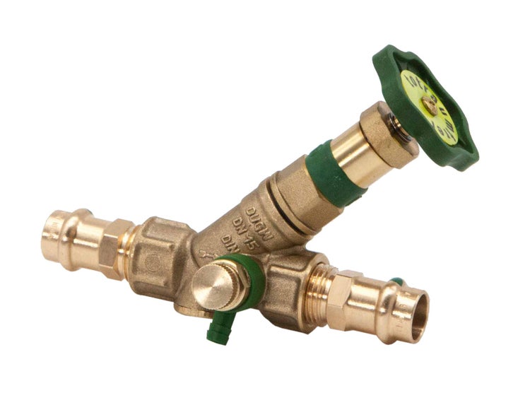 Freistromventil mit Rückflussverhinderer aus Messing mit Pressanschluss, Entleerung und grünem Handrad, Nennweite 15 Millimeter