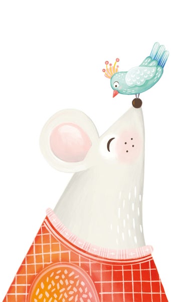 Illustration einer Maus mit einem Vogel auf dem Kopf