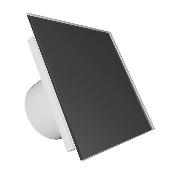 Quadratischer Badlüfter mit schwarzer Glasfront und weißem Kunststoffgehäuse.