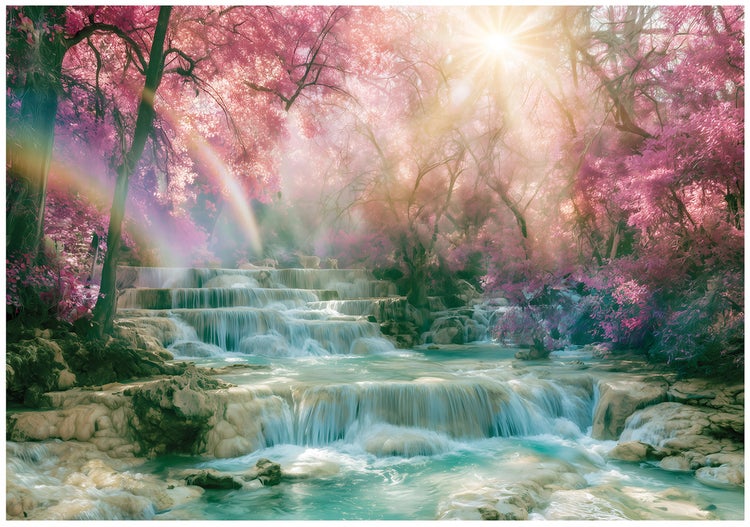 Fototapete mit einem gestuften Wasserfall in einem Wald bei Sonnenschein und Regenbogen.