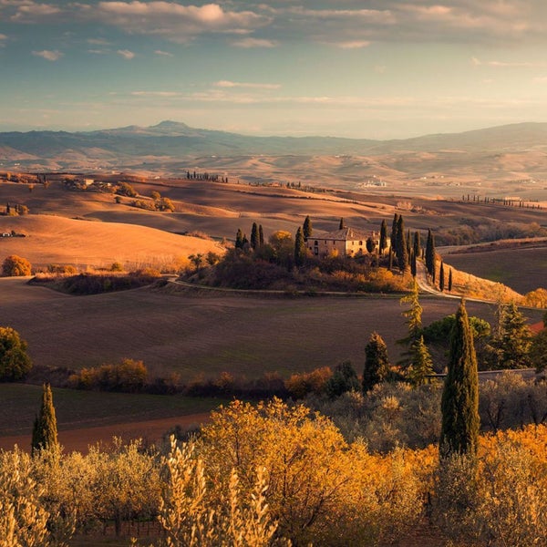 Toskanische Landschaft mit Zypressen und einem Landhaus auf einem Hügel