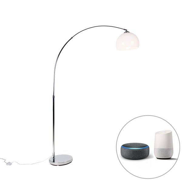 QAZQA - Modern Smarte Bogenlampe Chrom mit weißem Schirm inkl. Wifi A60 - Arc Basic I Wohnzimmer - Stahl Rund I Länglich - LED geeignet E27