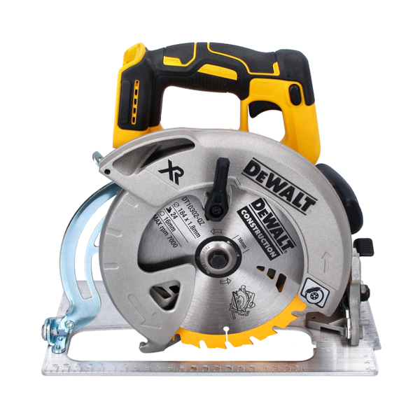 DEWALT Handkreissäge mit Metallsägeblatt 184 Millimeter, Grundplatte aus Metall und DEWALT Logo.
