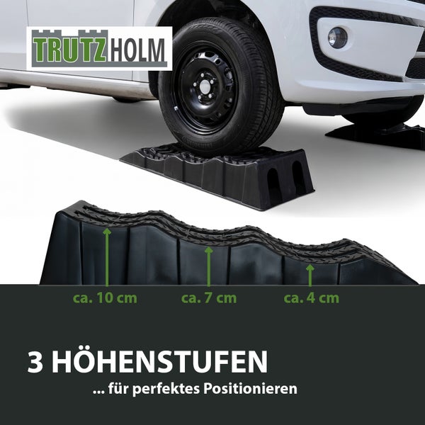 Trutzholm Logo. Auffahrkeil für Wohnmobile unter einem Reifen mit drei Stufenhöhen von circa 4, 7 und 10 Zentimetern.