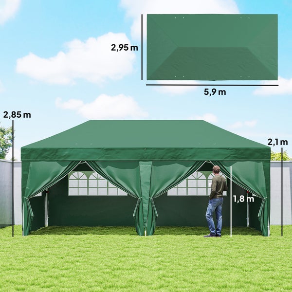 Grünes Partyzelt mit Fenstern und Seitenwänden. Maße: Breite 5,9 Meter, Tiefe 2,95 Meter, Gesamthöhe 2,85 Meter, Durchgangshöhe 1,8 Meter.