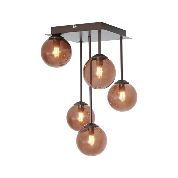 Hängelampe mit fünf bernsteinfarbenen Glaskugeln