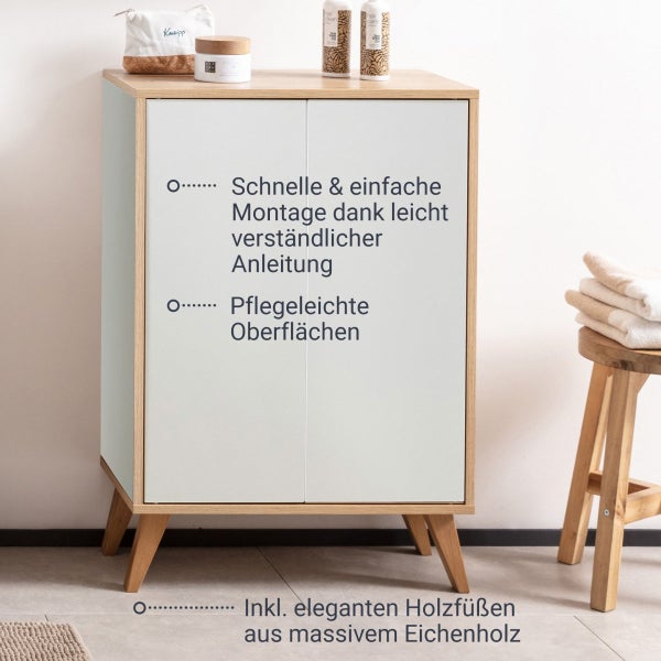 FACKELMANN FINN Badmöbel Set 2 Teile / Doppel-Midischrank mit Push-to-Open fürs Bad / 4 Holzfüße / Badschrank mit 2 Türen / Korpus & Front: Weiß / Rahmendekor & Füße: Braun hell / Breite: 60 cm