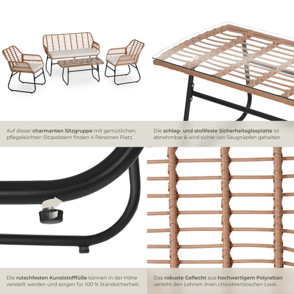 Rattan Sitzgruppe tectake Molfetta XL höhenverstellbare Kunststofffüße für 4 Personen natur