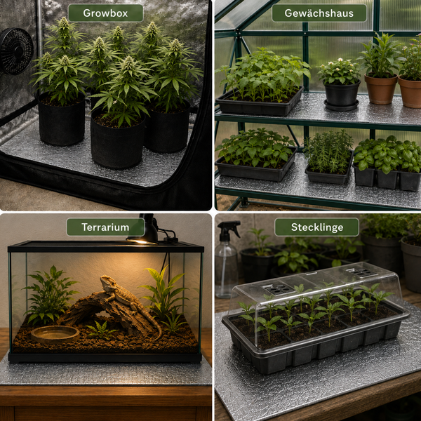 Vier Anwendungsbeispiele für reflektierende Unterlagen: Growbox, Gewächshaus, Terrarium und Anzuchtschale für Stecklinge auf einem Untergrund.
