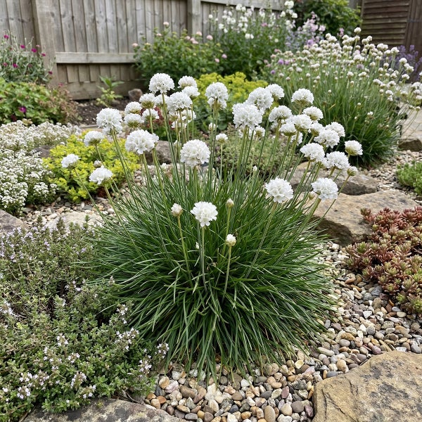 Weiße Grasnelke mit runden Blütenköpfen und grasartigen Blättern in einem Steingarten mit Kies und Steinen.
