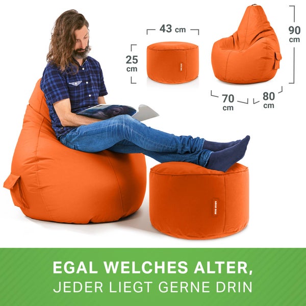 Green Bean 2er Set Sitzsack + Hocker - fertig befüllt - robust waschbar schmutzabweisend - Kinder & Erwachsene Bean Bag Bodenkissen Lounge Sitzhocker Relax-Sessel Gamer Gamingstuhl Pouf - Orange