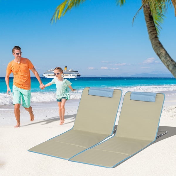 Outsunny Strandmatte, 2er Set Faltbare Strandliege mit Kopfkissen, 5-stufige Höhenverstellbare Strandmatratze mit Tragetasche, Stahl, Beige, 134 x 48 x 33-43 cm