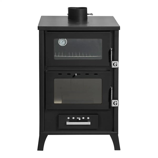 Schwarzer Kaminofen aus Metall mit integriertem Backfach, zwei Sichtscheiben und Thermometer.