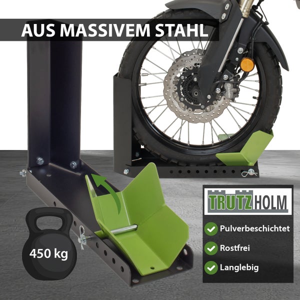 Motorradwippe Stahl 10-fach verstellbar Radgröße 8-24 Zoll Reifenbreite bis 145 mm schwarz/grün